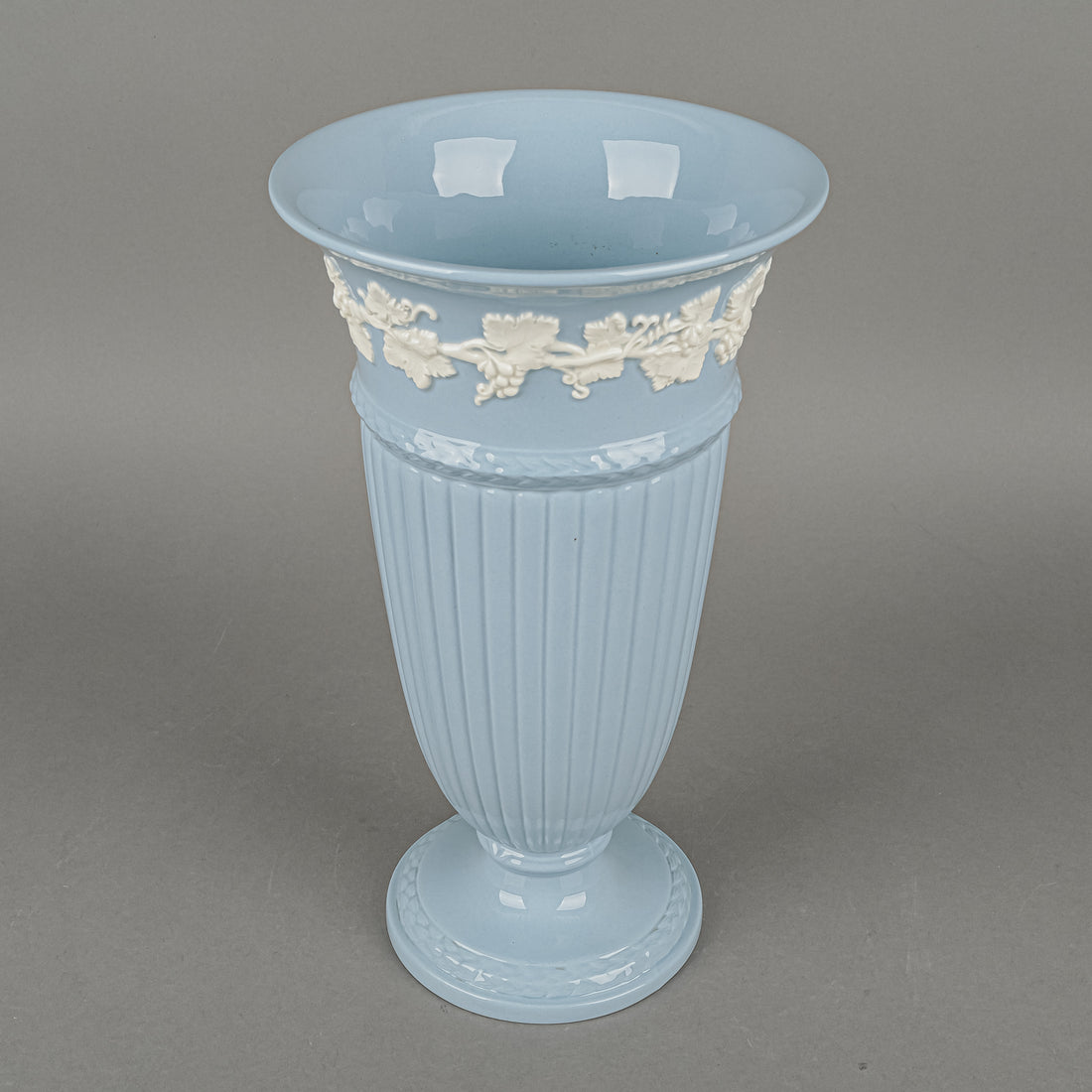 WEDGWOOD White On Blue Embossed Queens Ware Trumpet Vase