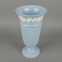 WEDGWOOD White On Blue Embossed Queens Ware Trumpet Vase