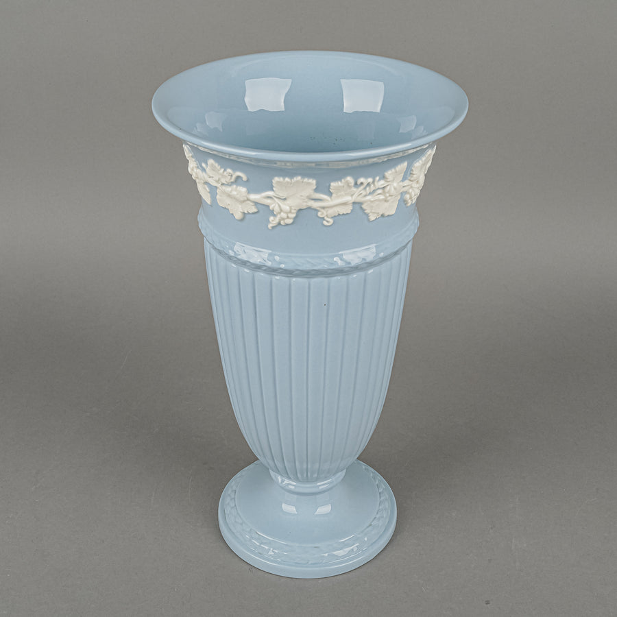 WEDGWOOD White On Blue Embossed Queens Ware Trumpet Vase