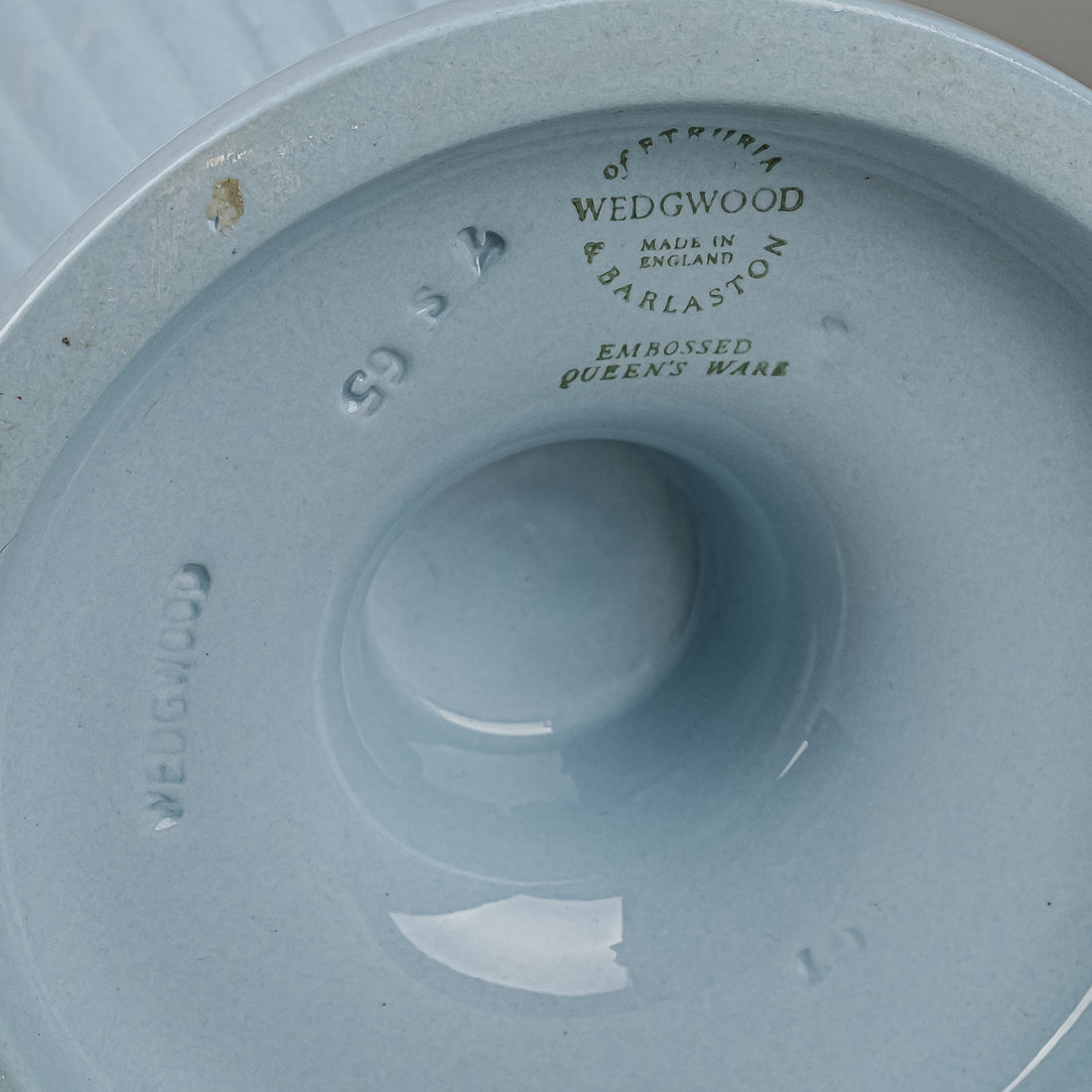 WEDGWOOD White On Blue Embossed Queens Ware Trumpet Vase
