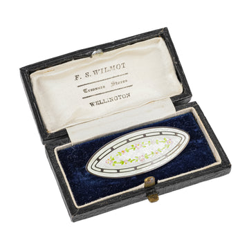 Sterling Guilloche Enamel Brooch - White Pink Green Floral