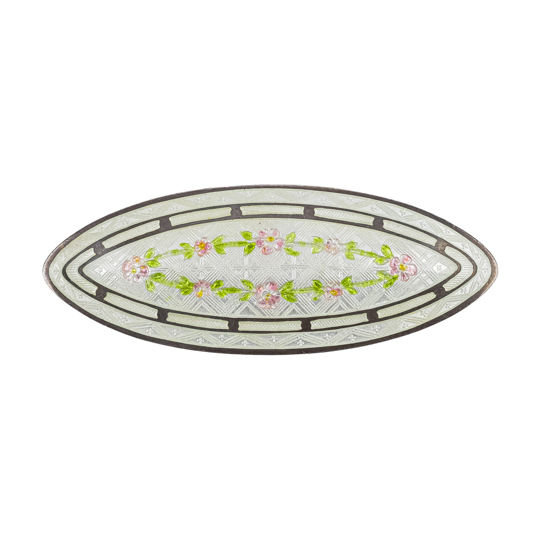 Sterling Guilloche Enamel Brooch - White Pink Green Floral