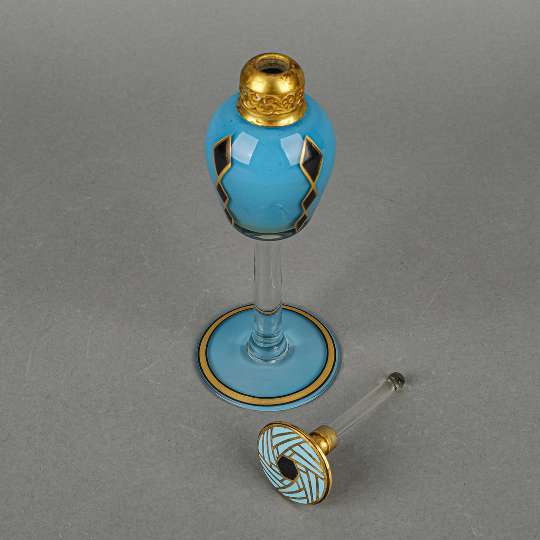 DeVILBISS Deco Hand Painted Glass Perfume Bottle w/Enameled Stopper