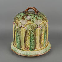Antique Majolica Cheese Dome & Stand Embossed Leaves & Cord