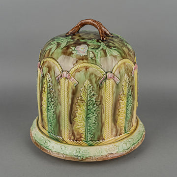 Antique Majolica Cheese Dome & Stand Embossed Leaves & Cord