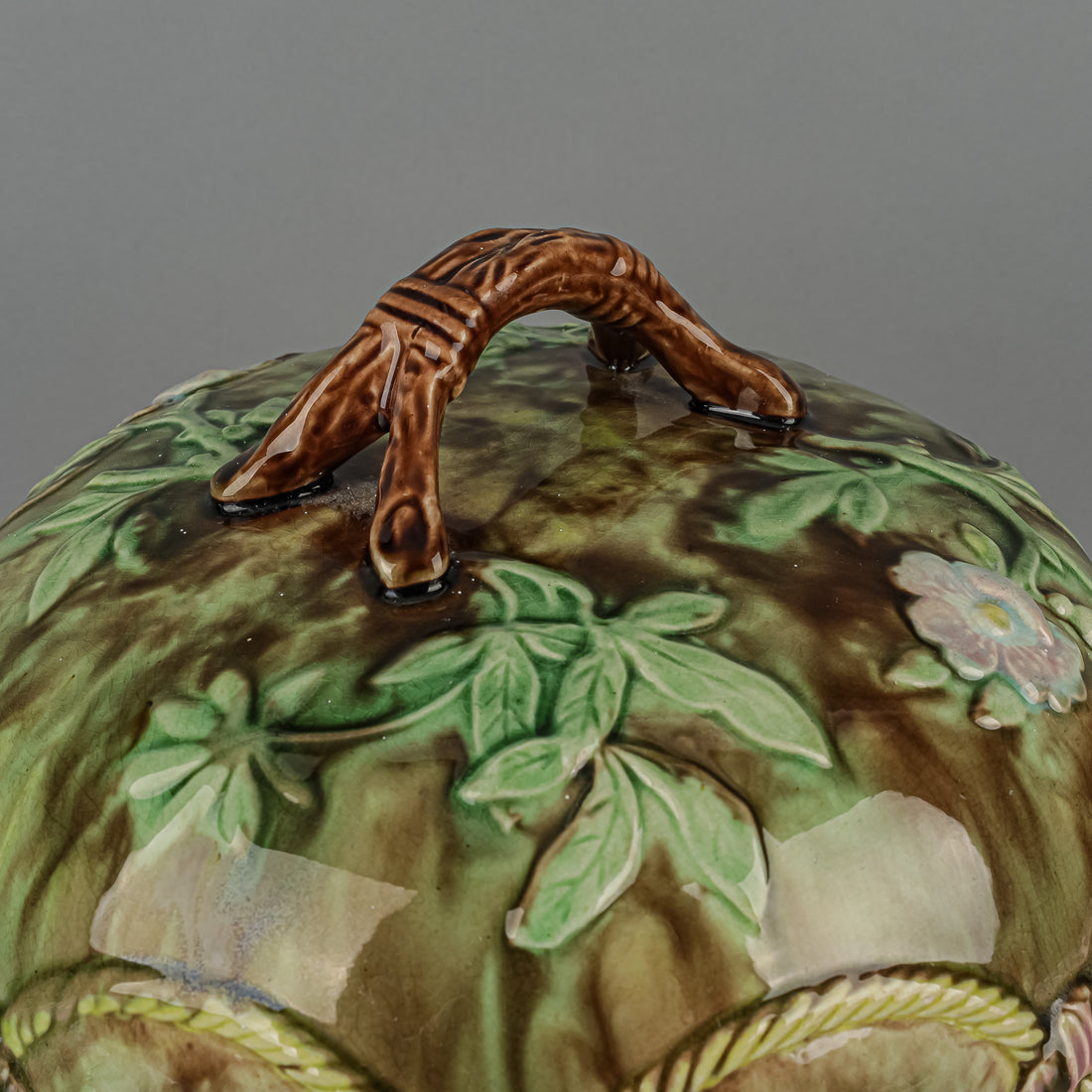Antique Majolica Cheese Dome & Stand Embossed Leaves & Cord