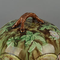 Antique Majolica Cheese Dome & Stand Embossed Leaves & Cord