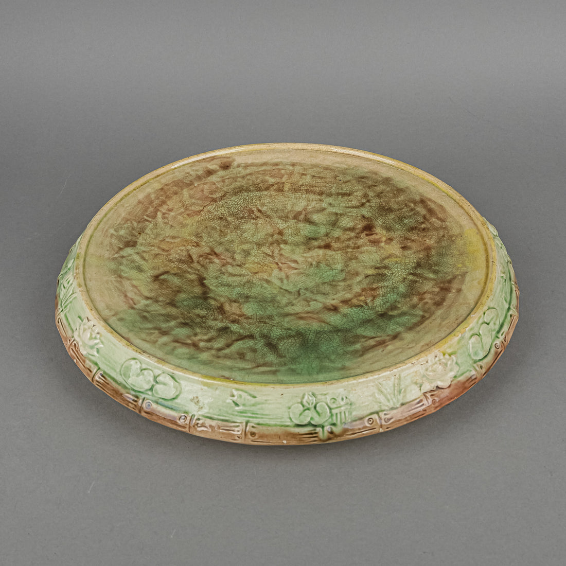 Antique Majolica Cheese Dome & Stand Embossed Leaves & Cord