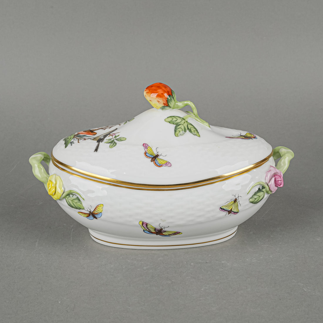 HEREND Rothschild Bird Jam Pot With Strawberry Knob Lid
