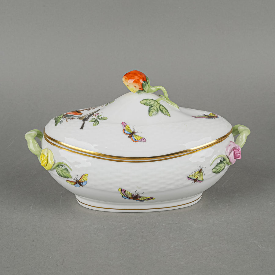 HEREND Rothschild Bird Jam Pot With Strawberry Knob Lid