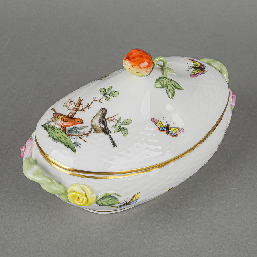 HEREND Rothschild Bird Jam Pot With Strawberry Knob Lid