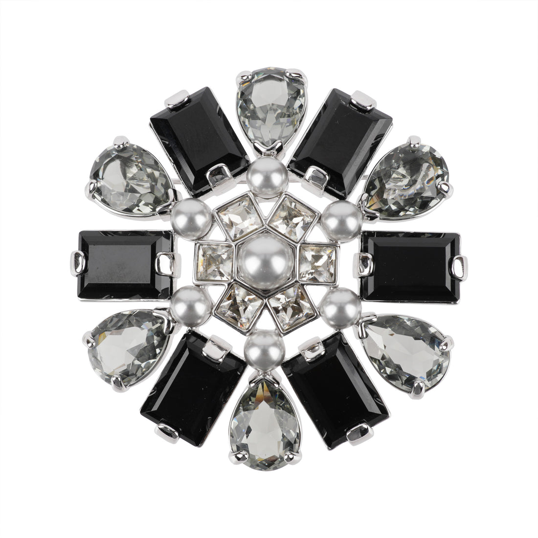 SWAROVSKI Silver Tone Black Grey Crystal Pearl Brooch