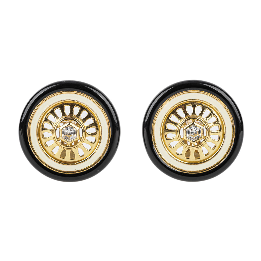 CHRISTIAN DIOR Gold Tone Black & Ivory Enamel Wheel Studs