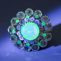 Vintage Gold Tone Yellow Pink Rhinestone Uranium Green Brooch