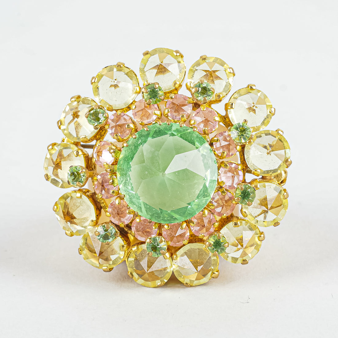 Vintage Gold Tone Yellow Pink Rhinestone Uranium Green Brooch