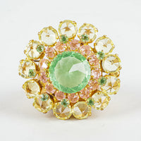 Vintage Gold Tone Yellow Pink Rhinestone Uranium Green Brooch