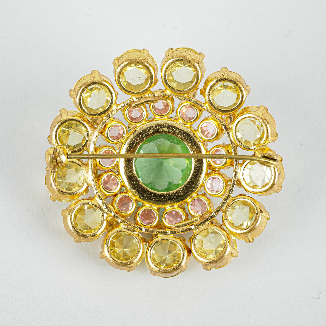 Vintage Gold Tone Yellow Pink Rhinestone Uranium Green Brooch