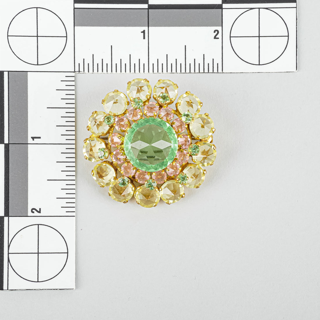 Vintage Gold Tone Yellow Pink Rhinestone Uranium Green Brooch