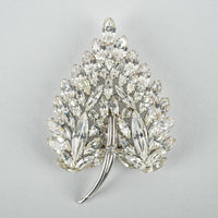 SHERMAN Silver Tone Clear Rhinestone Leaf Brooch