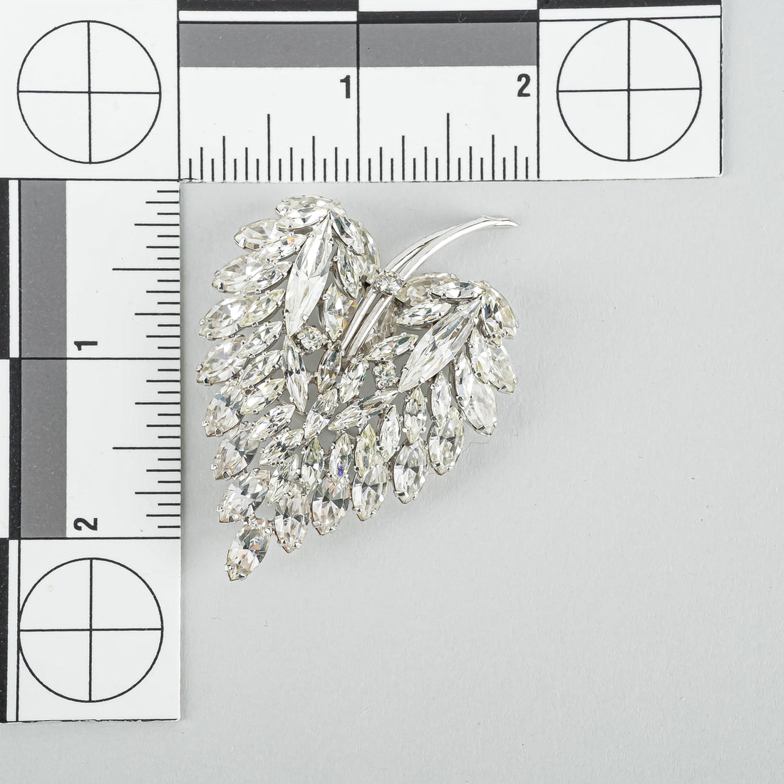 SHERMAN Silver Tone Clear Rhinestone Leaf Brooch
