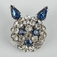 SHERMAN Silver Tone Clear Blue Rhinestone Cat Face Brooch