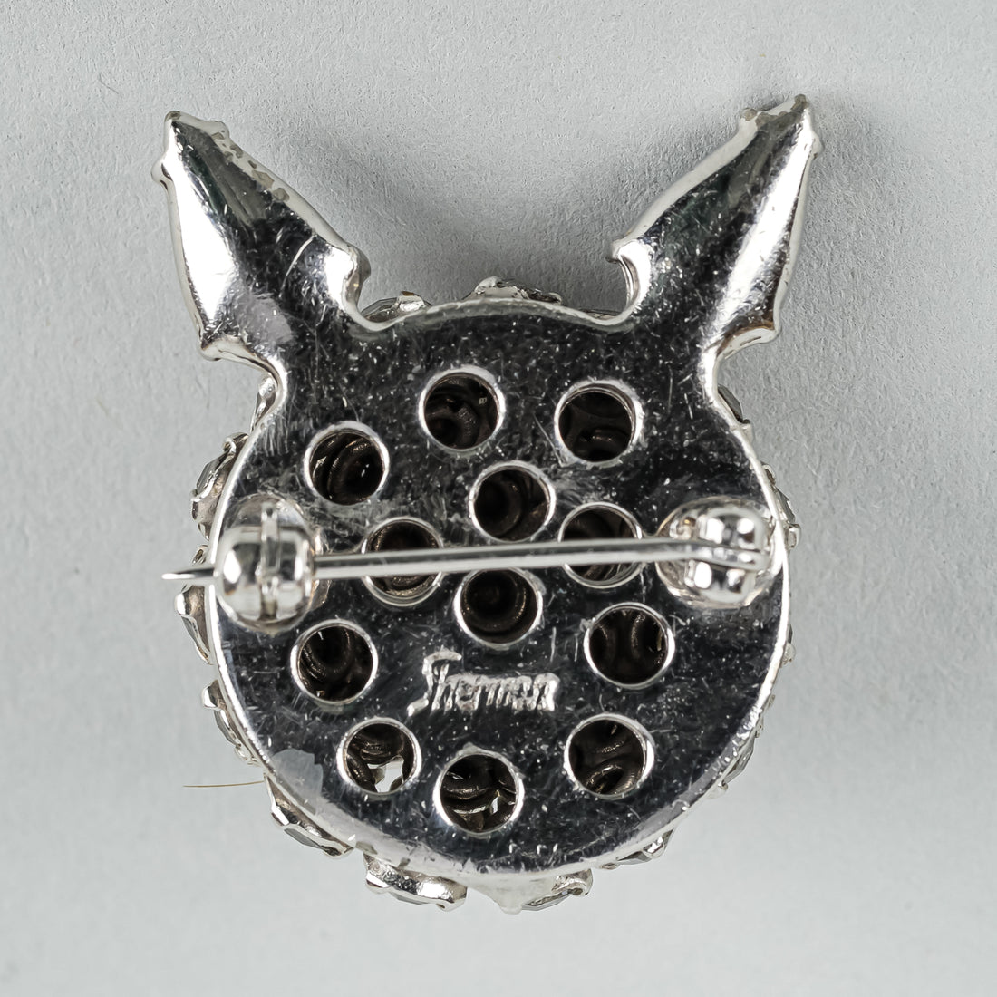SHERMAN Silver Tone Clear Blue Rhinestone Cat Face Brooch