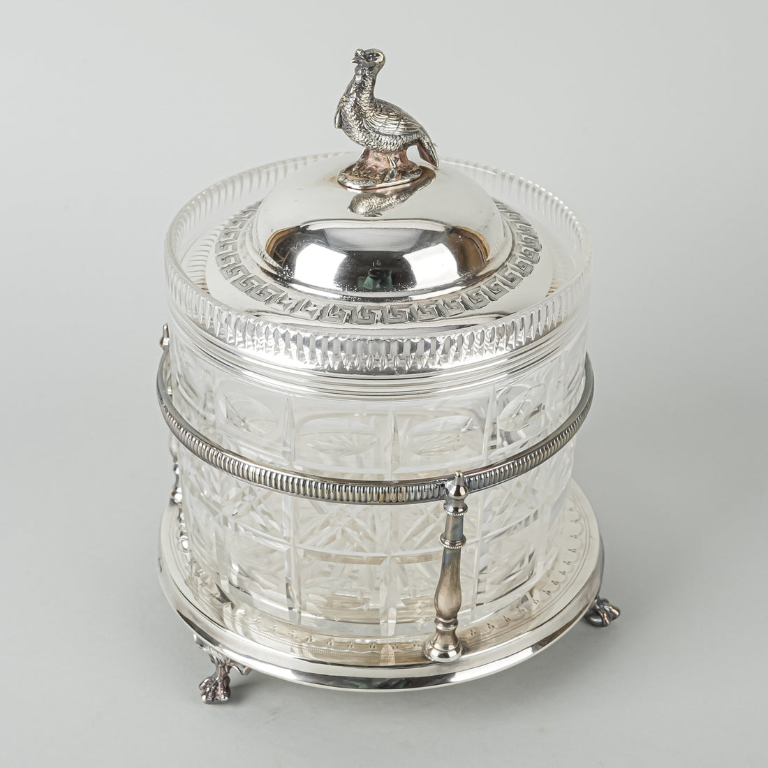 COOPER BROS Crystal With Silverplate Stand And Lid Biscuit Barrel