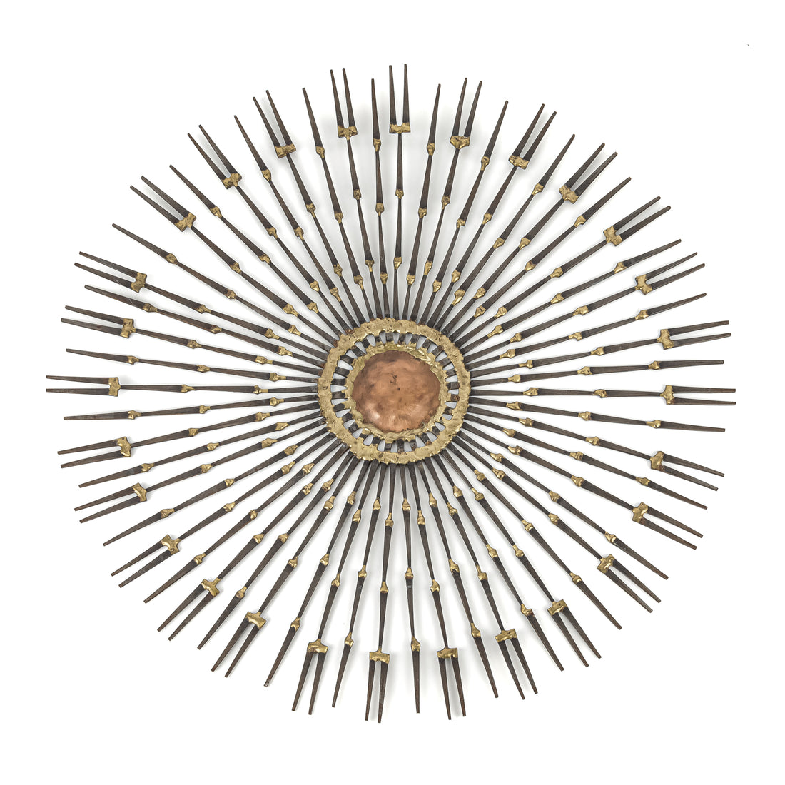 Vintage Nail And Brass Brutalist Sunburst Wall Sculpture