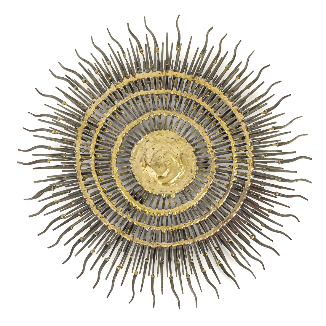 Vintage Nail And Brass Brutalist Sunburst Wall Sculpture