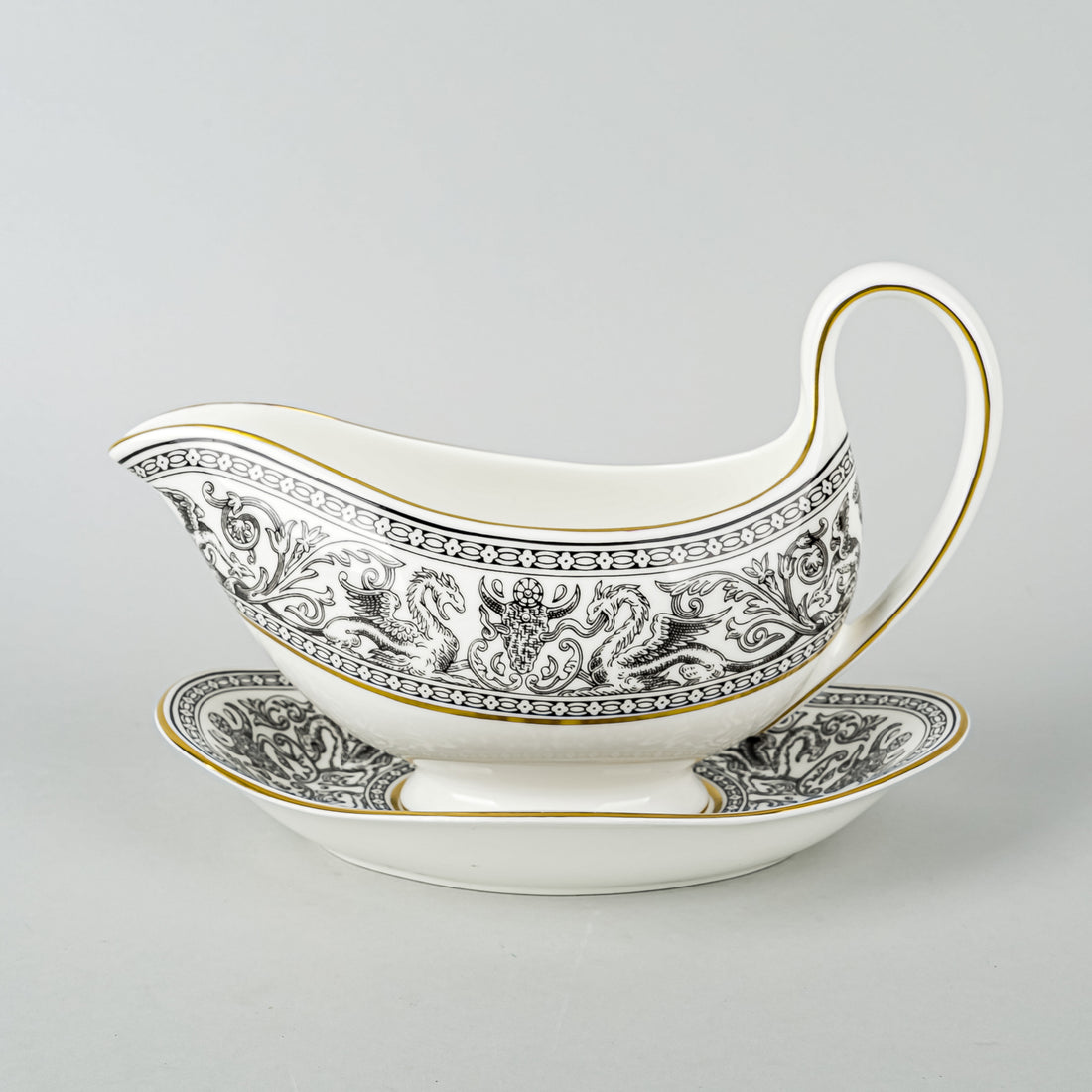 WEDGWOOD Florentine Black W4312 Gravy Boat & Stand
