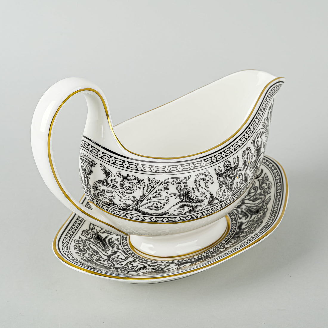 WEDGWOOD Florentine Black W4312 Gravy Boat & Stand