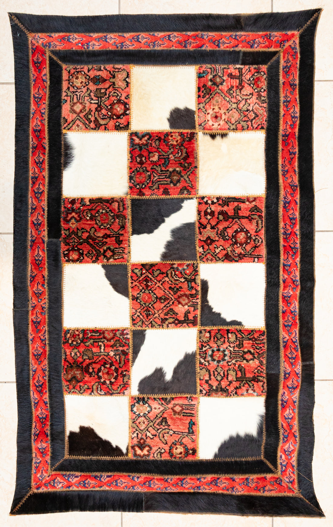 Allover Tiled Mashad & Cowhide           Rug 57"x35"