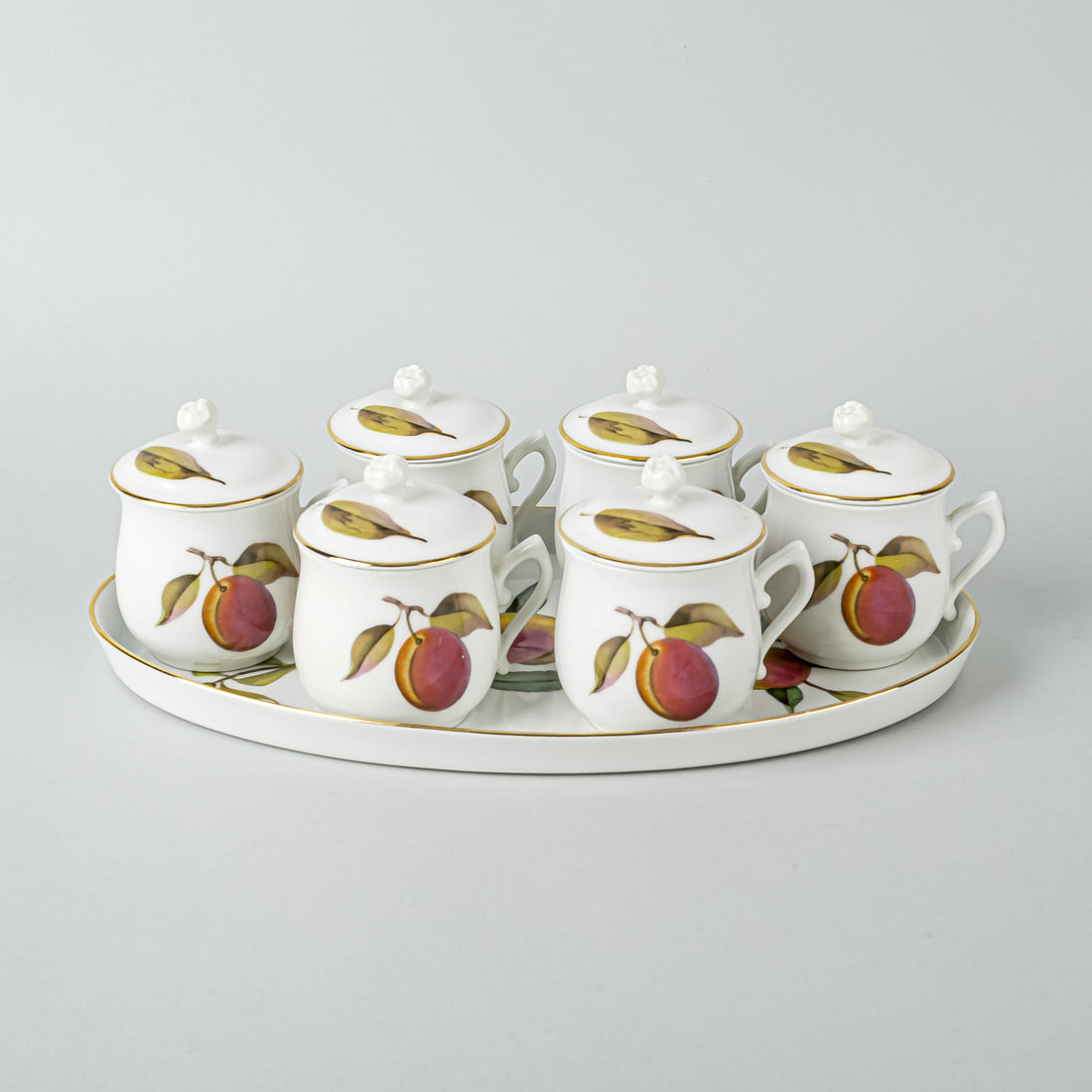 ROYAL WORCESTER Evesham Pot De Creme Set With Tray Set of 6 - 13 Pieces