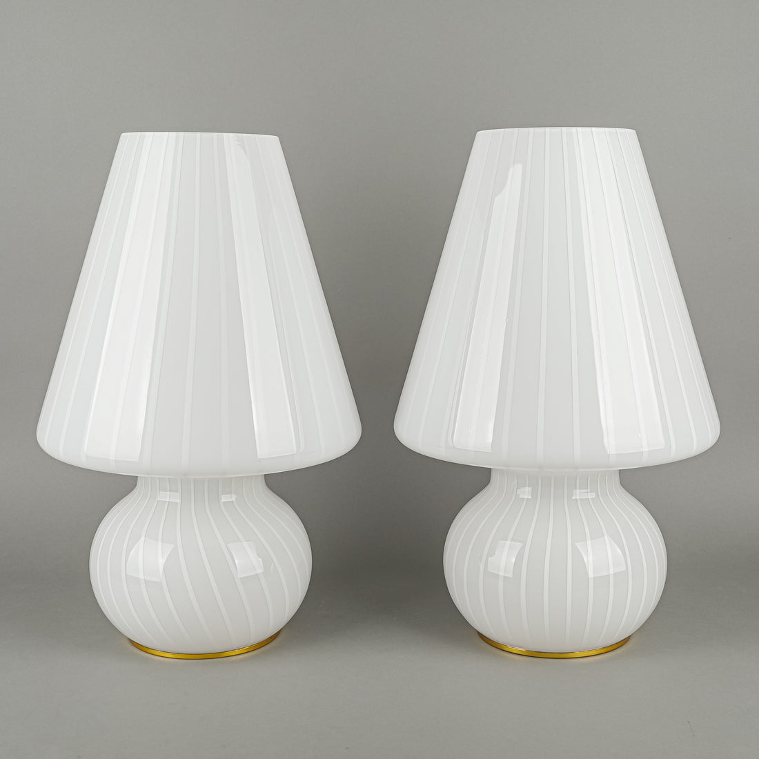 Vintage White Striped Glass Fungo Style Lamps Set Of 2