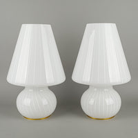 Vintage White Striped Glass Fungo Style Lamps Set Of 2