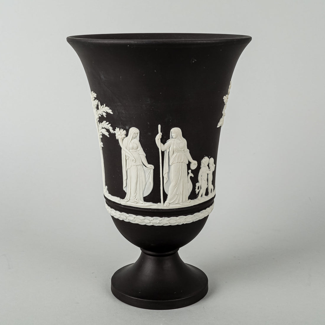 WEDGWOOD White On Basalt Black Jasperware Footed Urn Vase