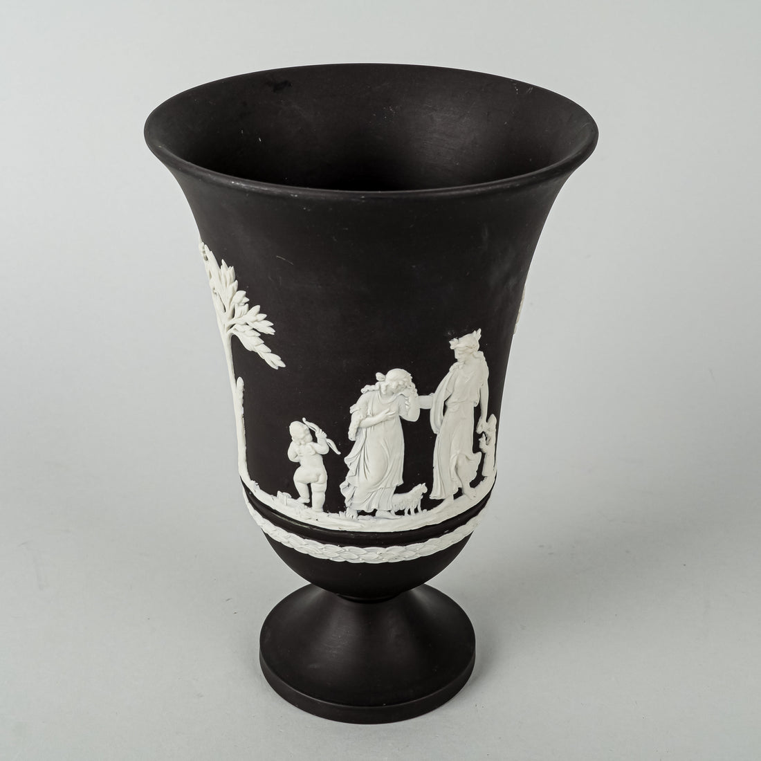 WEDGWOOD White On Basalt Black Jasperware Footed Urn Vase