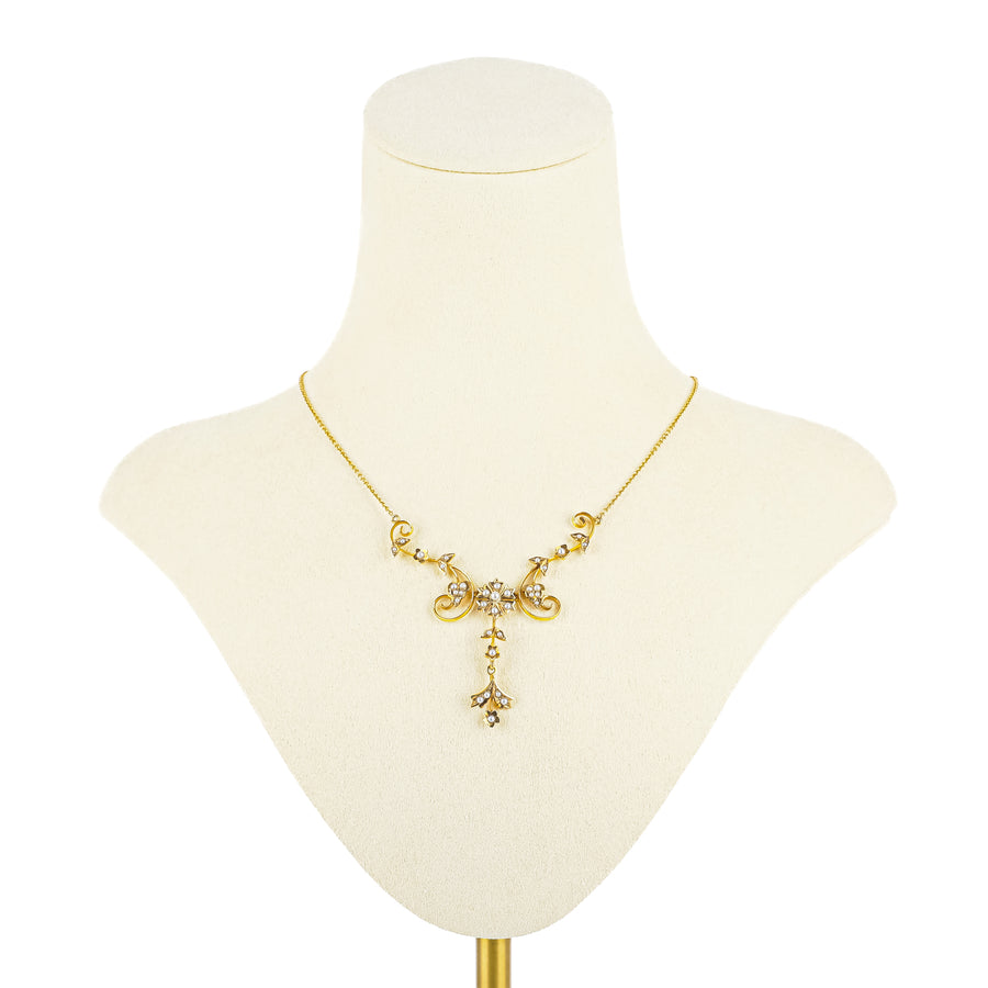 Victorian 14K Yellow Gold  Seed Pearl Lariat Necklace