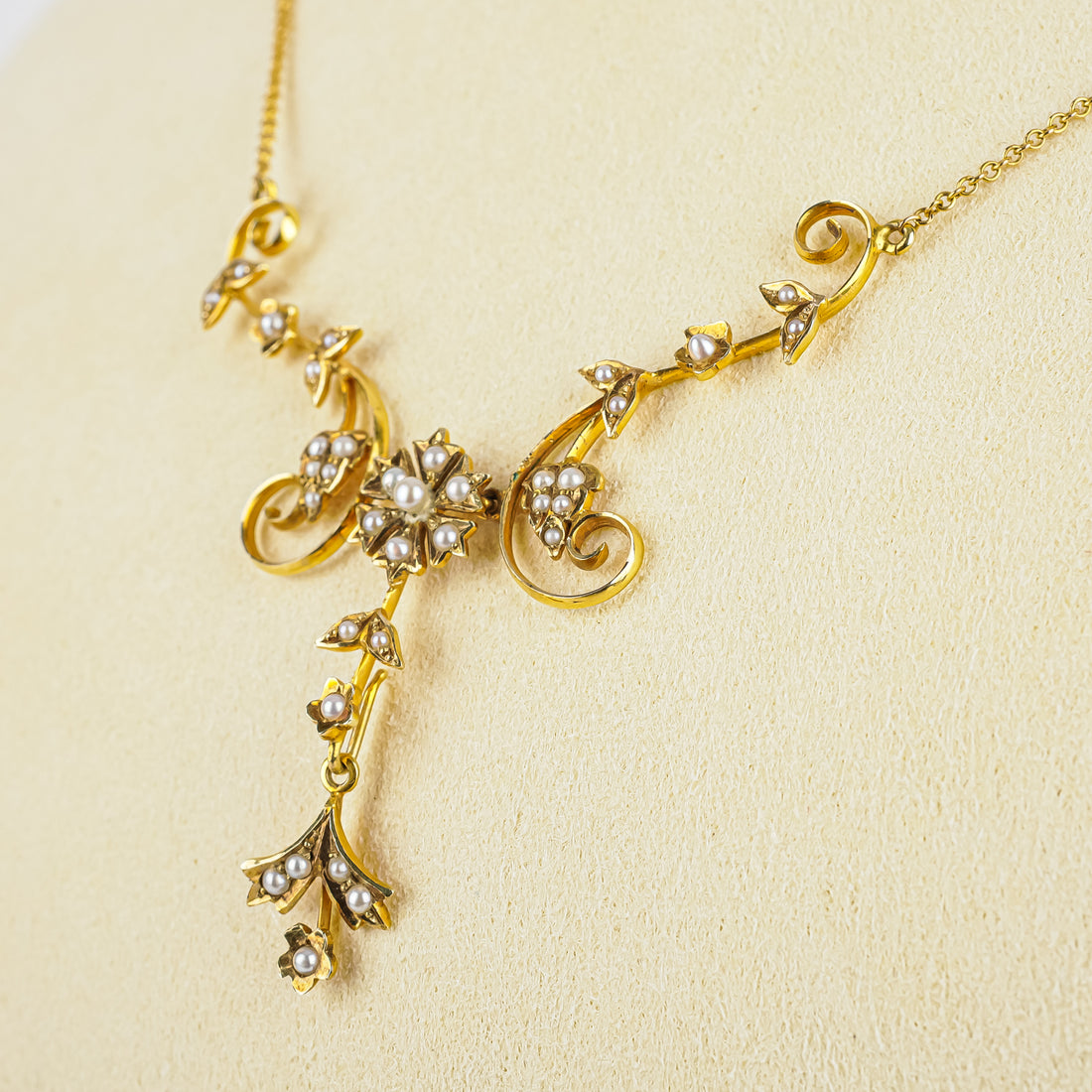 Victorian 14K Yellow Gold  Seed Pearl Lariat Necklace