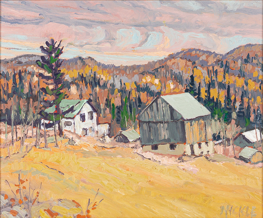 Lawrence Nickle (Canadian 1932-2014) "Gibbon's Farm Buildings" Oil On Board