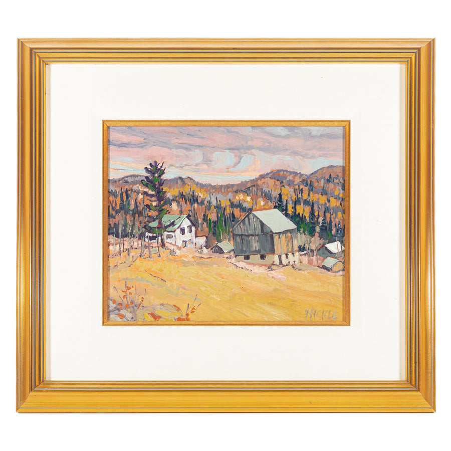 Lawrence Nickle (Canadian 1932-2014) "Gibbon's Farm Buildings" Oil On Board