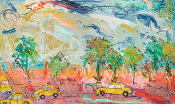 Telford Fenton (Canadian 1932-2004) "Central Park Cabs" Oil on canvas