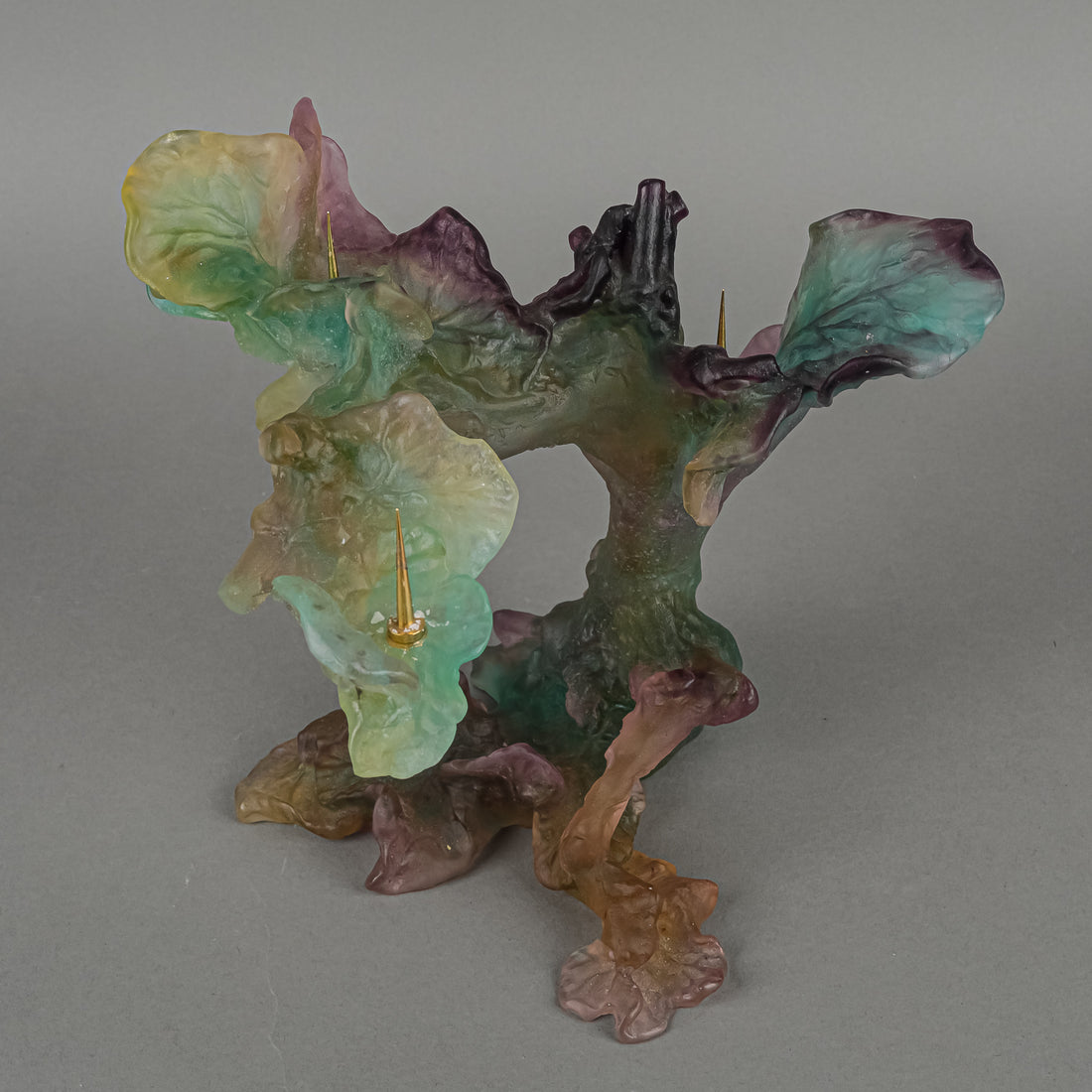 DAUM Nature Collection Pate de Verre Three Light Candle Holder