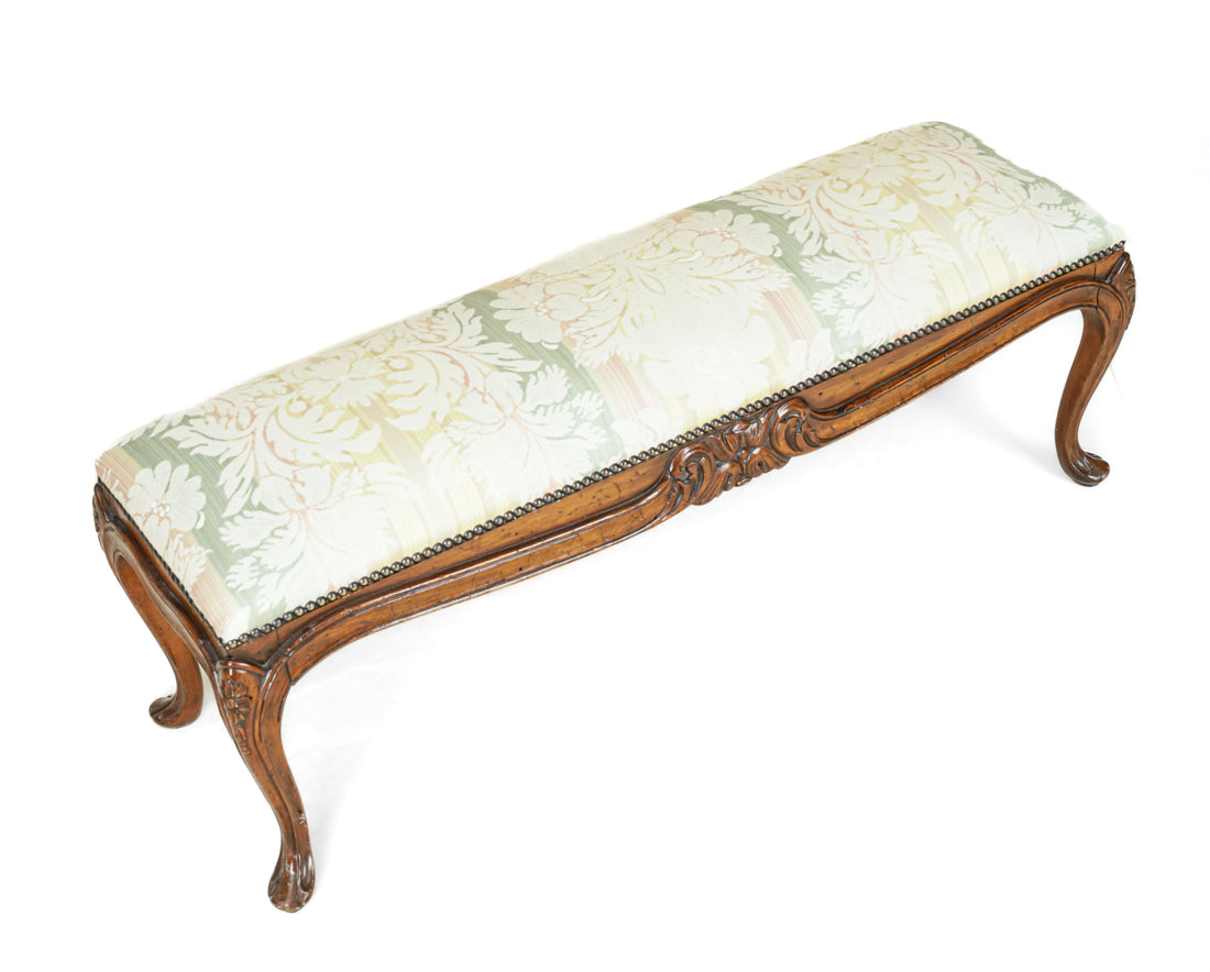 Walnut Louis XV Style Bench With Green And Yellow Floral Upholstery
