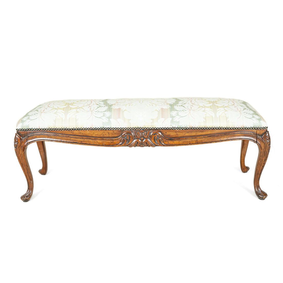 Walnut Louis XV Style Bench With Green And Yellow Floral Upholstery