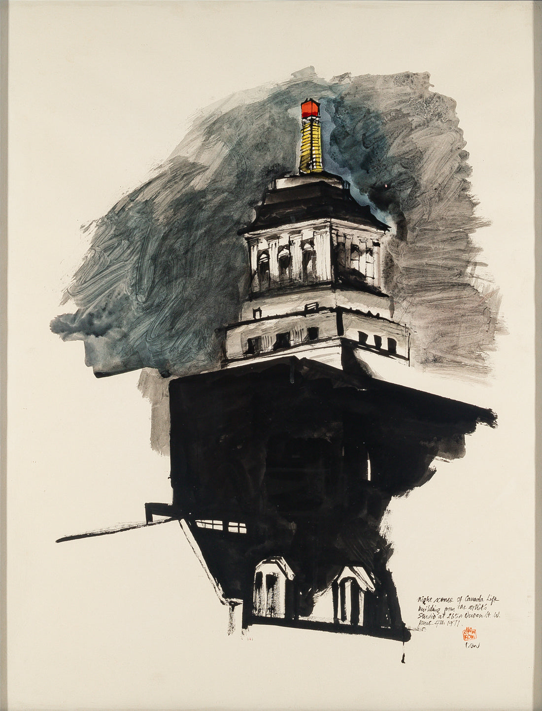 Chinkok Tan (Asian Canadian 20th C)  "Night Scene Of Canada Life Building"