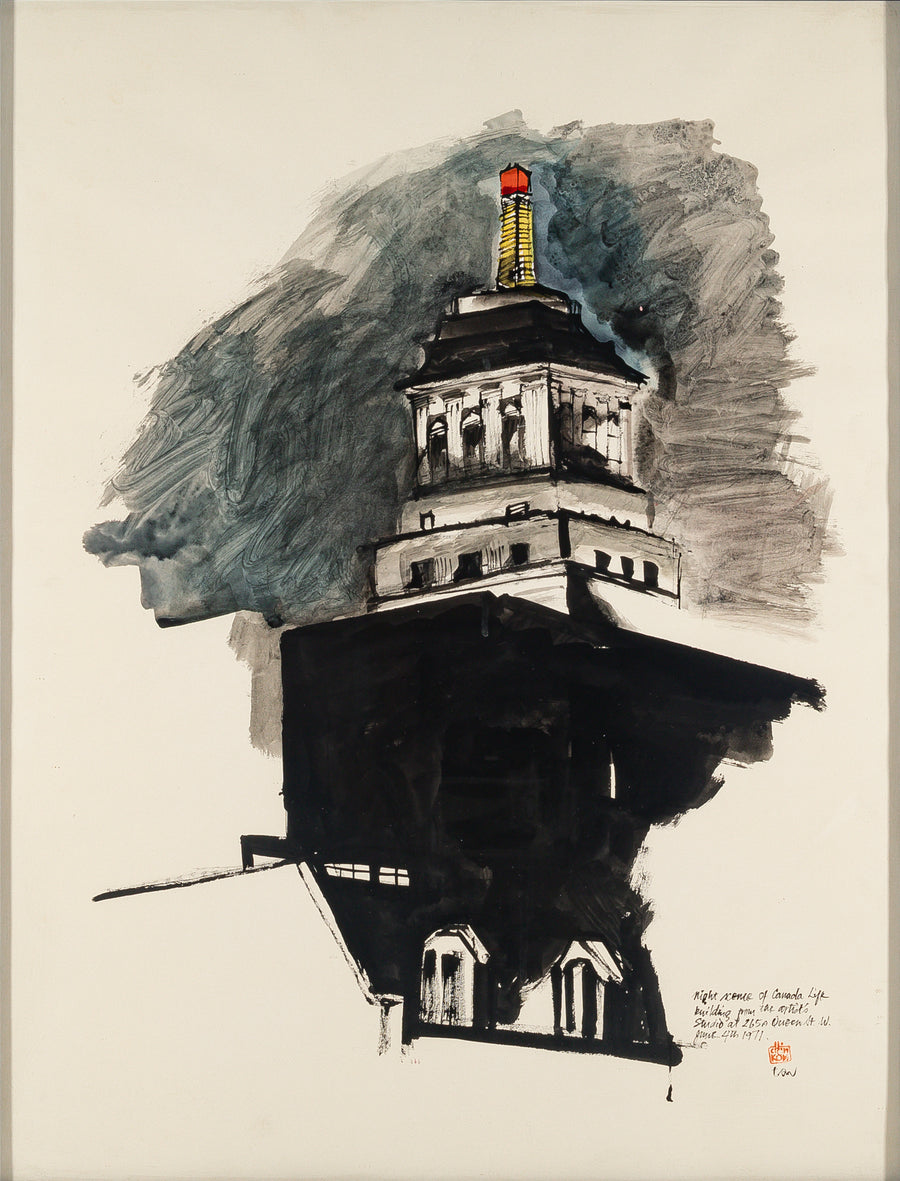 Chinkok Tan (Asian Canadian 20th C)  "Night Scene Of Canada Life Building"