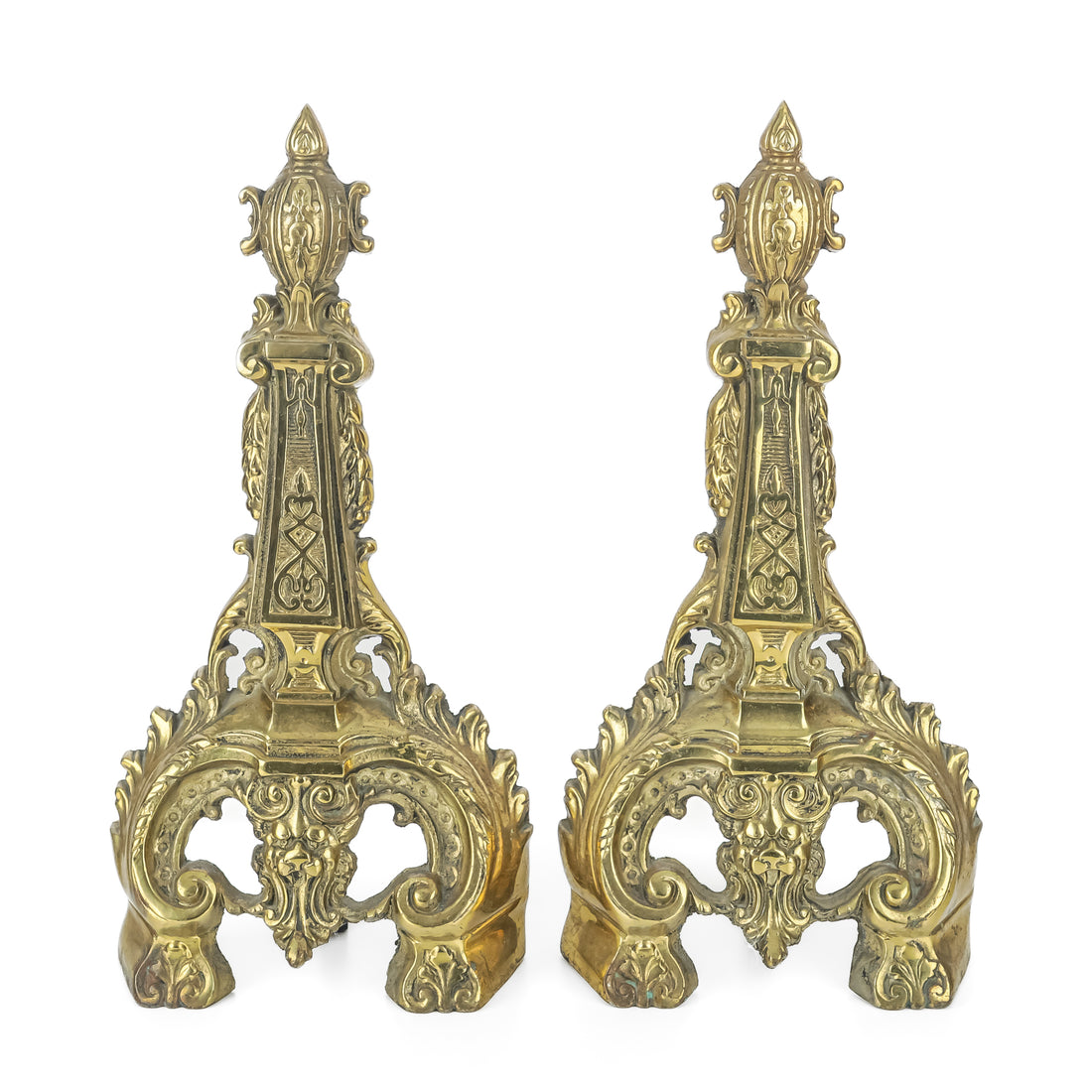 Vintage Brass Baroque Style Andirons Set of 2