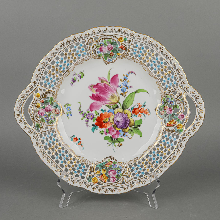 CARL THIEME DRESDEN Saxony Hand Painted Floral Pierced Cake Plate