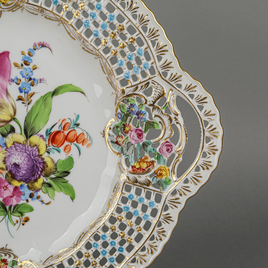 CARL THIEME DRESDEN Saxony Hand Painted Floral Pierced Cake Plate